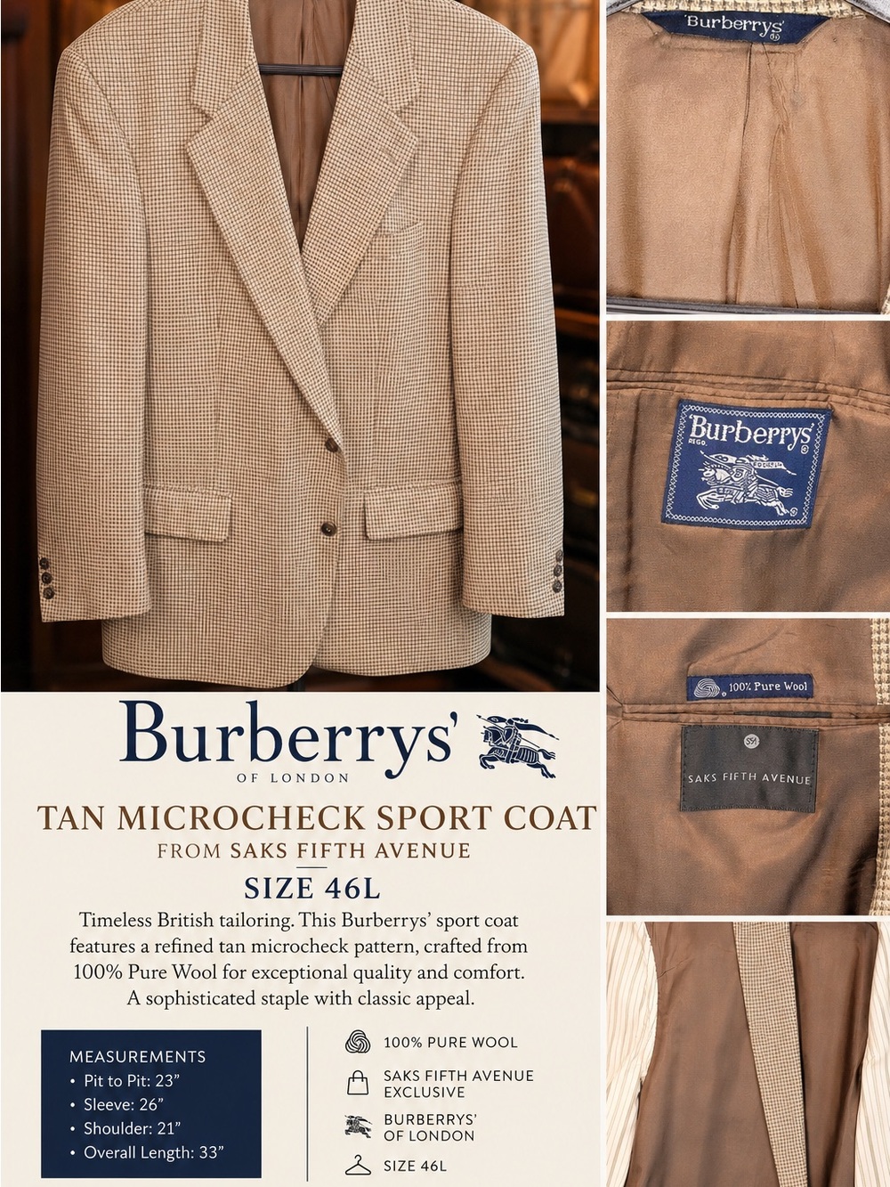 Burberrys Tan Microcheck Wool Sport Coat Blazer 46L